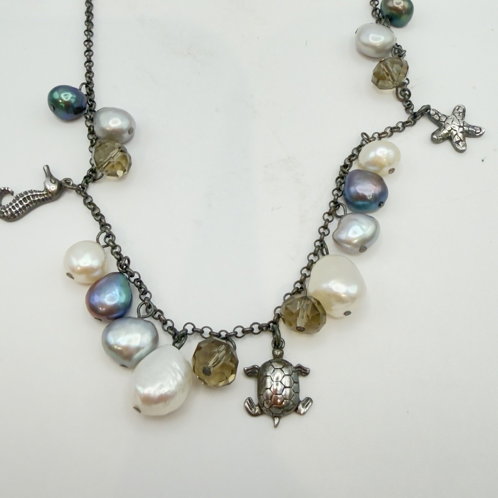 Vtg Lucas Lameth LUC Sterling Silver Charm Necklace Ocean Animals Pearls Dangle